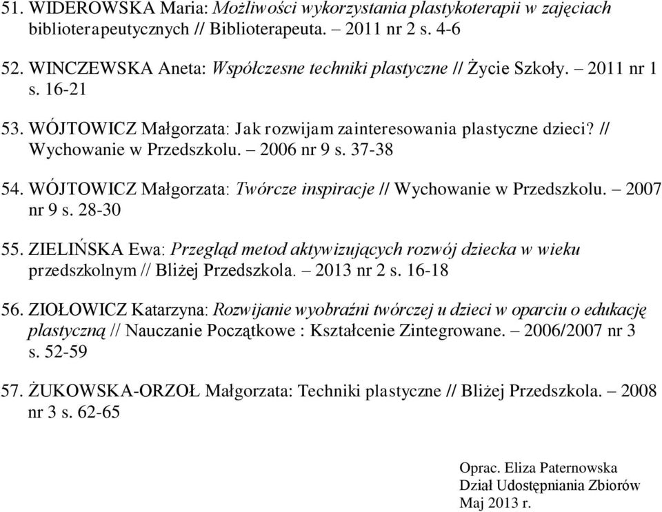2006 nr 9 s. 37-38 54. WÓJTOWICZ Małgorzata: Twórcze inspiracje // Wychowanie w Przedszkolu. 2007 nr 9 s. 28-30 55.