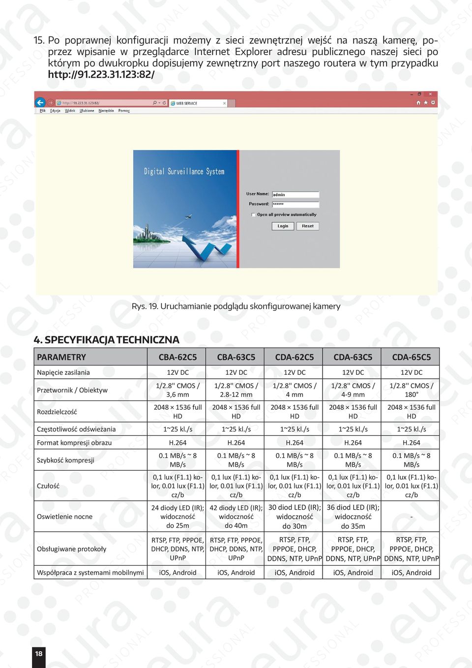 Specyfikacja techniczna PARAMETRY CBA-62C5 CBA-63C5 CDA-62C5 CDA-63C5 CDA-65C5 Napięcie zasilania 12V DC 12V DC 12V DC 12V DC 12V DC Przetwornik / Obiektyw Rozdzielczość 1/2.