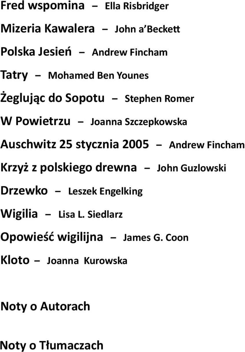 stycznia 2005 Andrew Fincham Krzyż z polskiego drewna John Guzlowski Drzewko Leszek Engelking