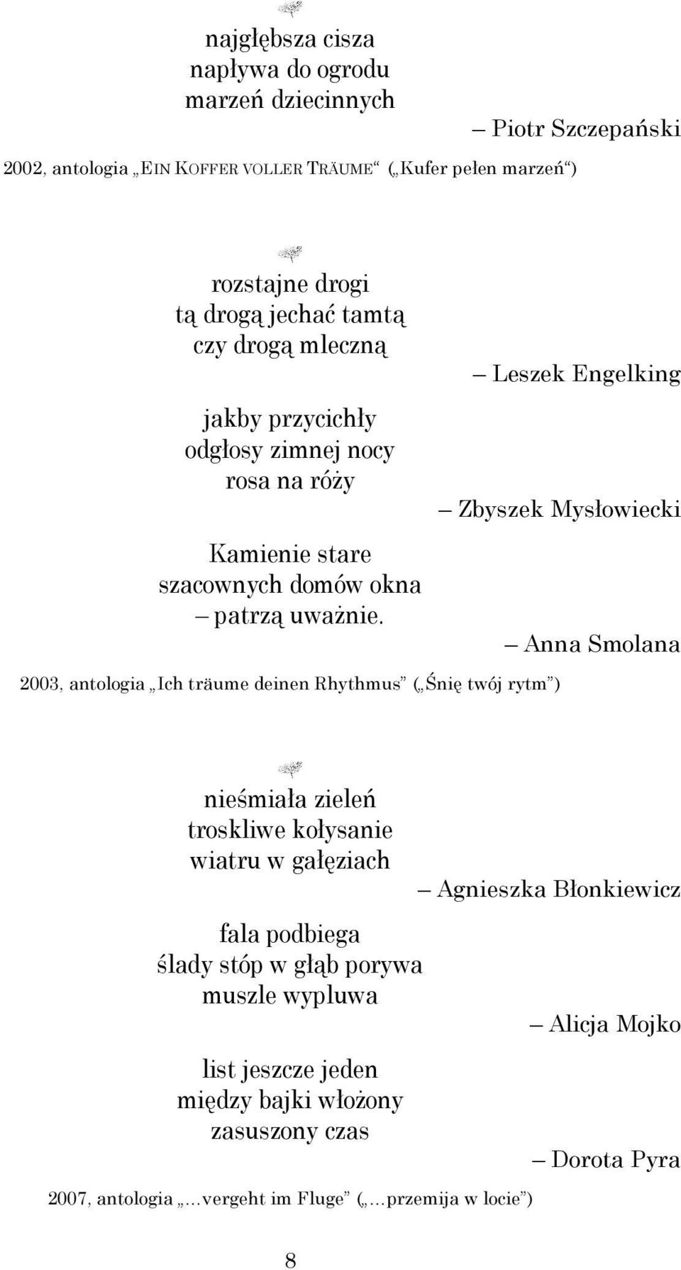 Leszek Engelking Zbyszek Mysłowiecki 2003, antologia Ich träume deinen Rhythmus ( Śnię twój rytm ) Anna Smolana nieśmiała zieleń troskliwe kołysanie wiatru w gałęziach