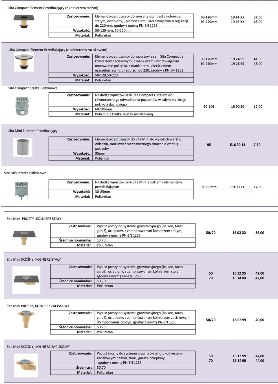 -120 mm, -220 mm -120mm -220mm 19 24 XX 19 26 XX 37,00 43,00 Sita Compact Element Przedłużający (z kołnierzem zaciskowym) Element przedłużający do wpustów z serii Sita Compact z kołnierzem