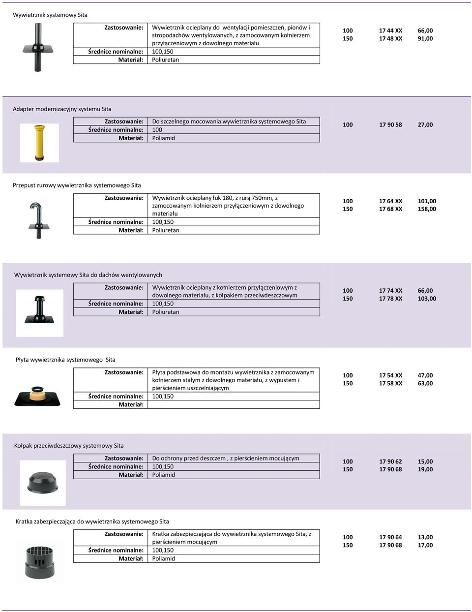 rurą 7mm, z zamocowanym kołnierzem przyłączeniowym z dowolnego materiału,1 1 17 64 XX 17 68 XX 101,00 158,00 Wywietrznik systemowy Sita do dachów wentylowanych Wywietrznik ocieplany z kołnierzem