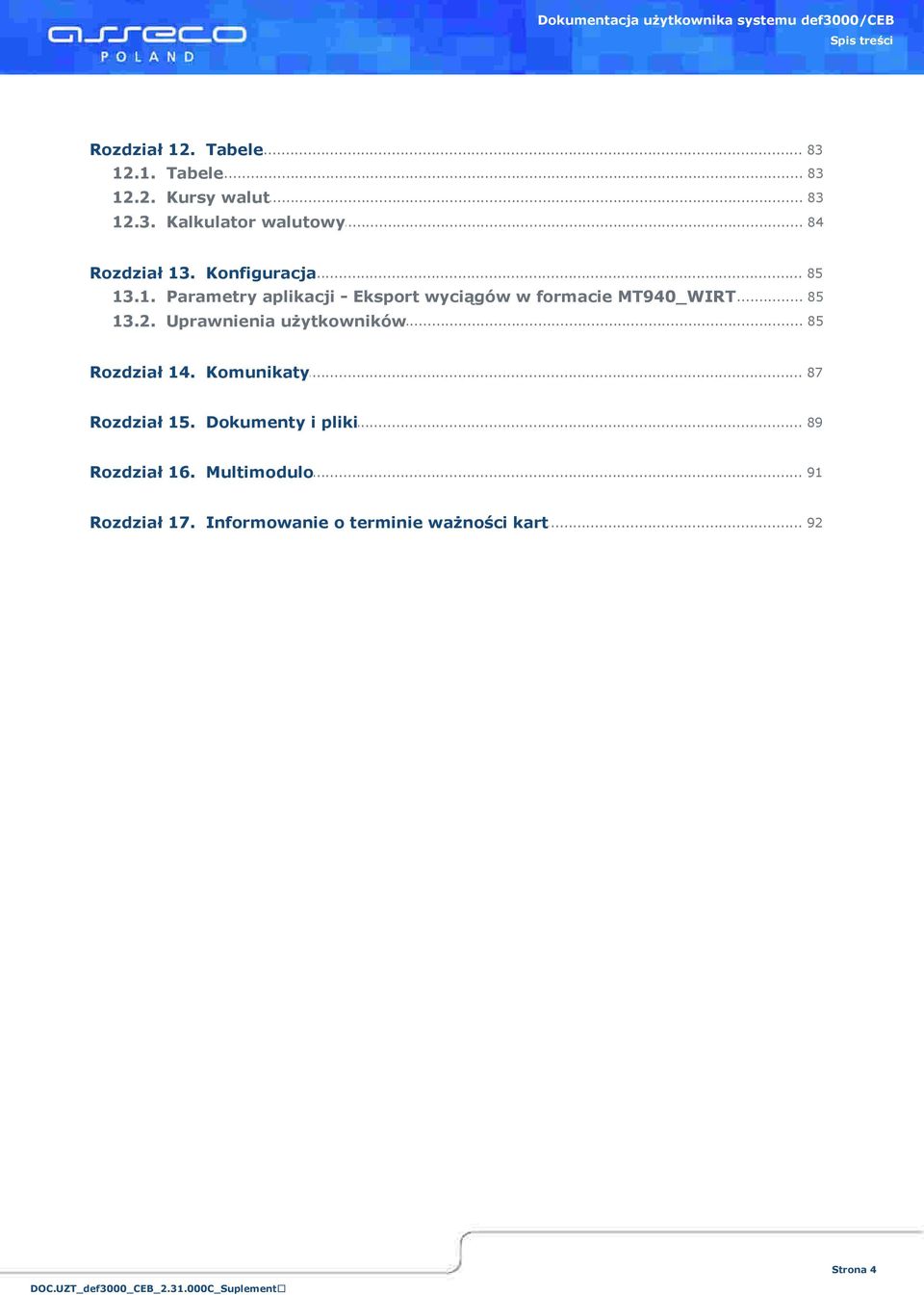 .. aplikacji - Eksport wyci$gów w formacie MT940_WIRT 85 13.2. Uprawnienia... u!ytkowników 85 Rozdzia#.