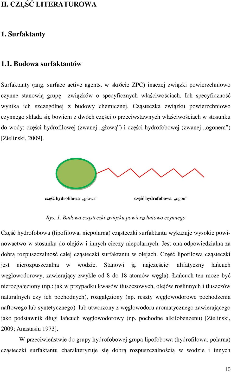 Cząsteczka związku powierzchniowo czynnego składa się bowiem z dwóch części o przeciwstawnych właściwościach w stosunku do wody: części hydrofilowej (zwanej głową ) i części hydrofobowej (zwanej