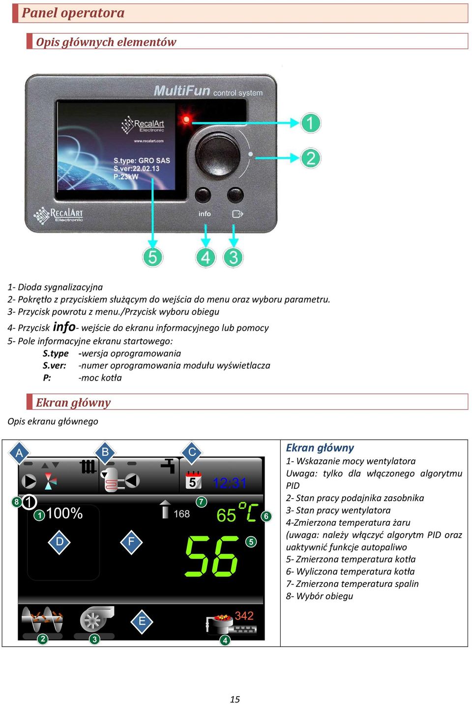 ver: -numer oprogramowania modułu wyświetlacza P: -moc kotła Ekran główny Opis ekranu głównego Ekran główny 1- Wskazanie mocy wentylatora Uwaga: tylko dla włączonego algorytmu PID 2- Stan pracy