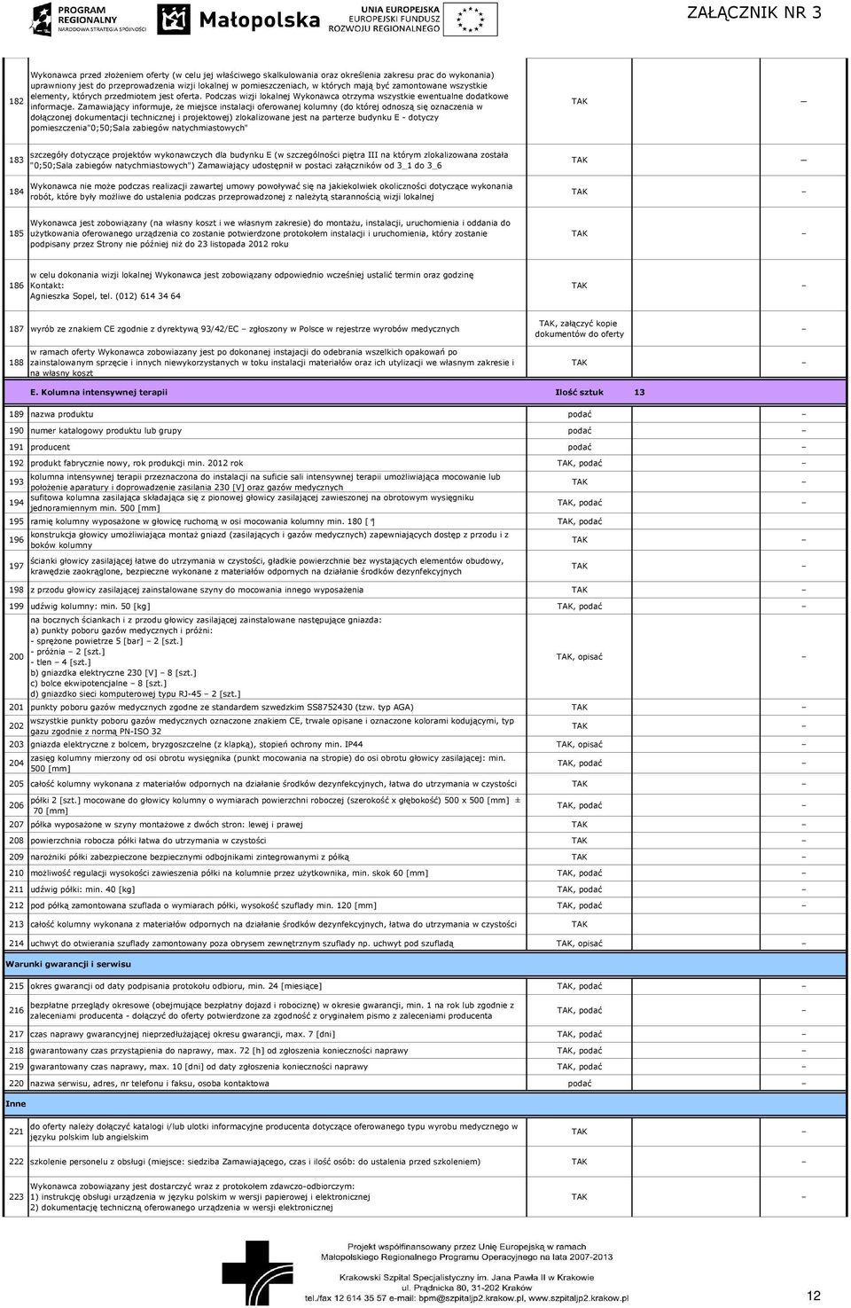 Zamawiający informuje, Ŝe miejsce instalacji oferowanej kolumny (do której odnoszą się oznaczenia w dołączonej dokumentacji technicznej i projektowej) zlokalizowane jest na parterze budynku E dotyczy