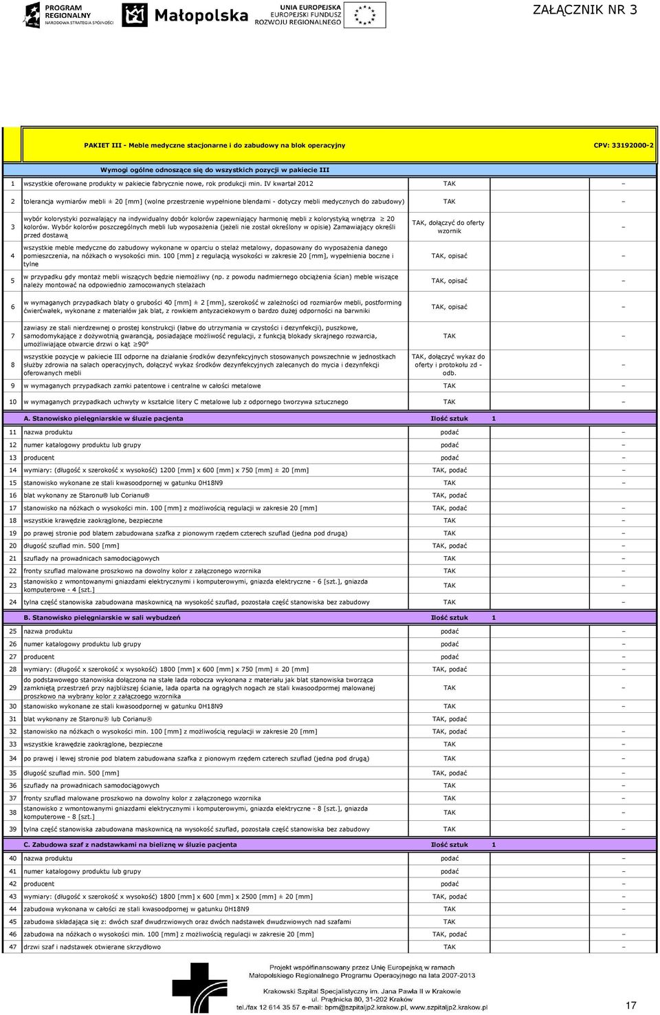 IV kwartał 2012 2 tolerancja wymiarów mebli ± 20 [mm] (wolne przestrzenie wypełnione blendami dotyczy mebli medycznych do zabudowy) 3 wybór kolorystyki pozwalający na indywidualny dobór kolorów