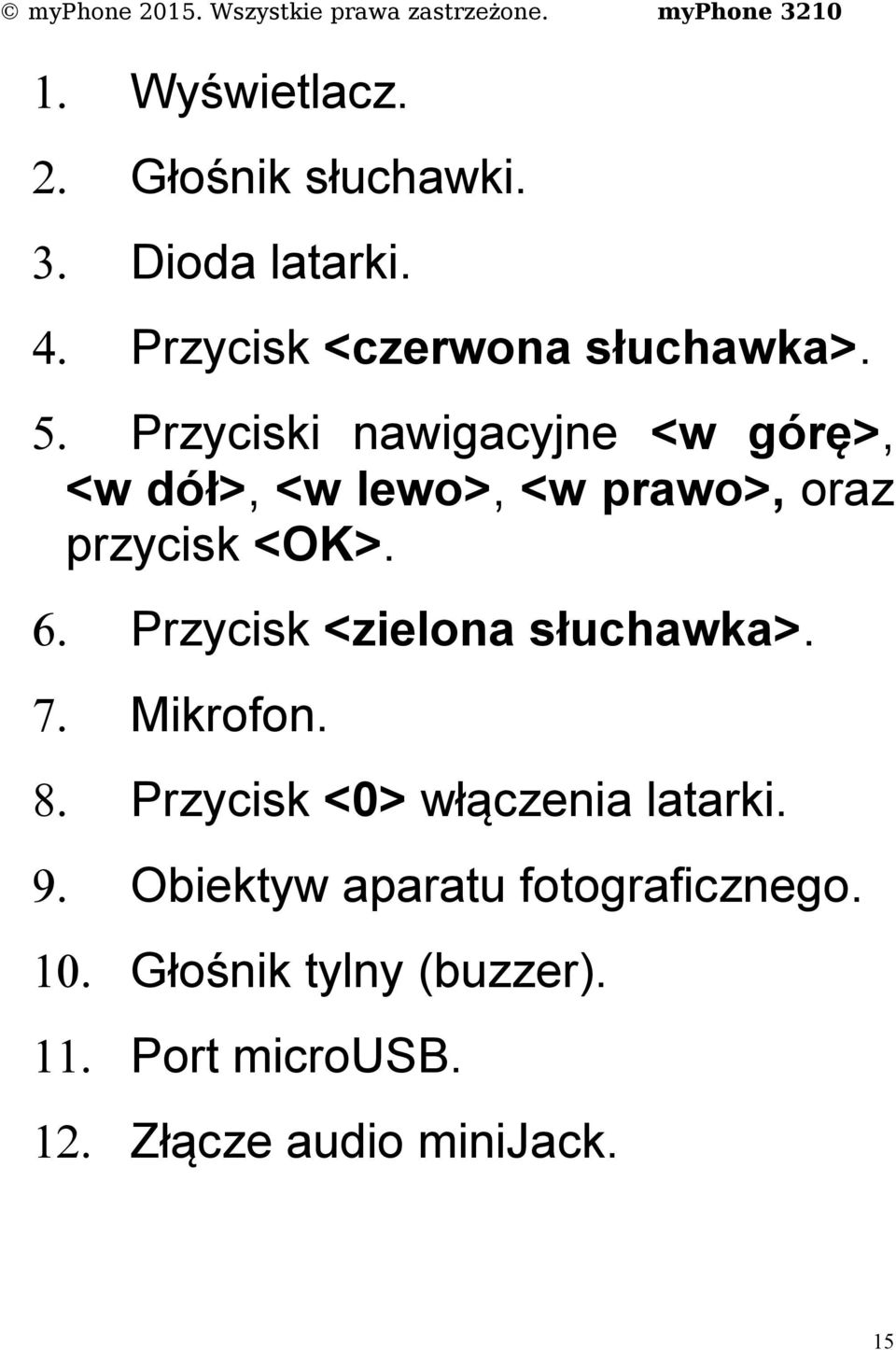 Przycisk <zielona słuchawka>. 7. Mikrofon. 8. Przycisk <0> włączenia latarki. 9.