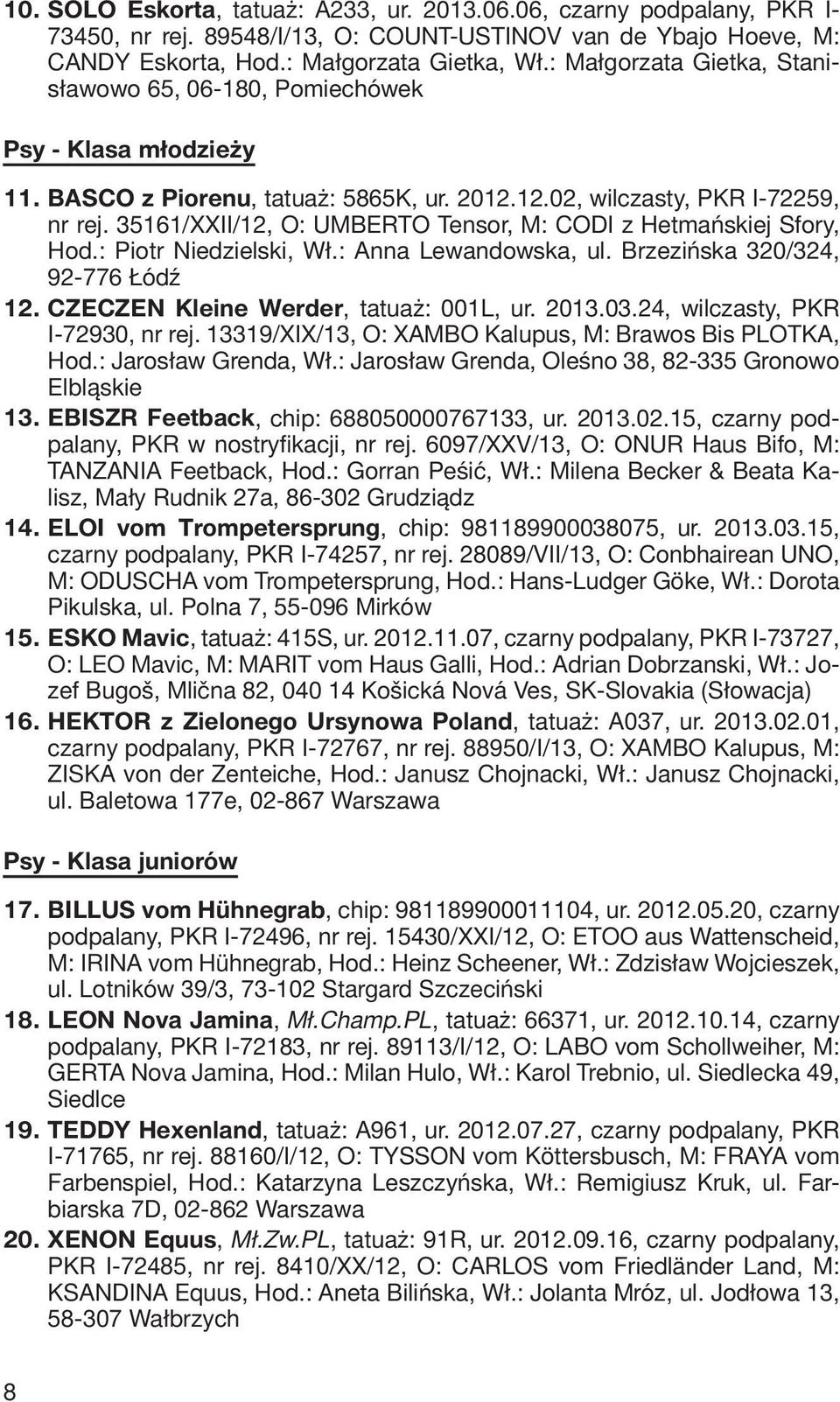 35161/XXII/12, O: UMBERTO Tensor, M: CODI z Hetmańskiej Sfory, Hod.: Piotr Niedzielski, Wł.: Anna Lewandowska, ul. Brzezińska 320/324, 92-776 Łódź 12. CZECZEN Kleine Werder, tatuaż: 001L, ur. 2013.03.