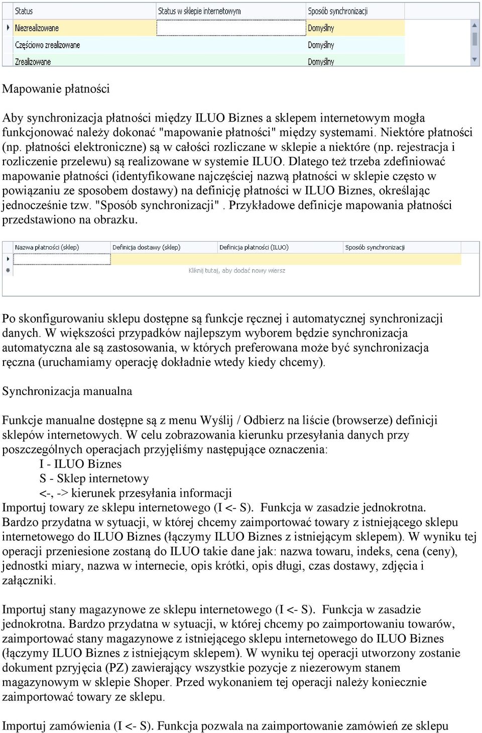 Dlatego też trzeba zdefiniować mapowanie płatności (identyfikowane najczęściej nazwą płatności w sklepie często w powiązaniu ze sposobem dostawy) na definicję płatności w ILUO Biznes, określając