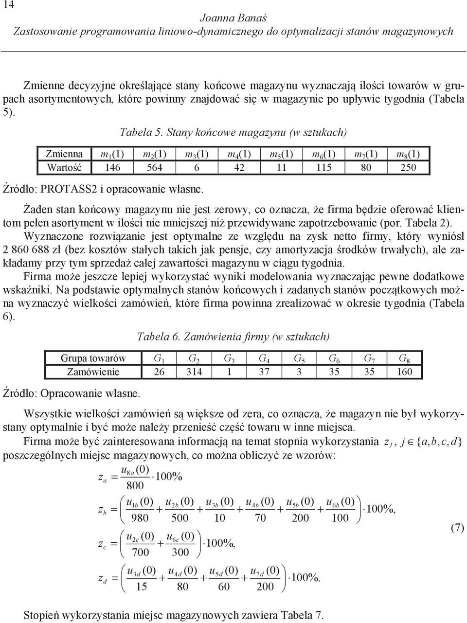 Stany ko cowe magazyn (w sztkach) Zmienna m 1 (1) m 2 (1) m 3 (1) m 4 (1) m 5 (1) m 6 (1) m 7 (1) m 8 (1) Warto 146 564 6 42 11 115 80 250 ródło: PROTASS2 i opracowanie własne.