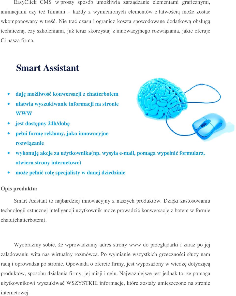 Smart Assistant daję możliwość konwersacji z chatterbotem ułatwia wyszukiwanie informacji na stronie WWW jest dostępny 24h/dobę pełni formę reklamy, jako innowacyjne rozwiązanie wykonuję akcje za