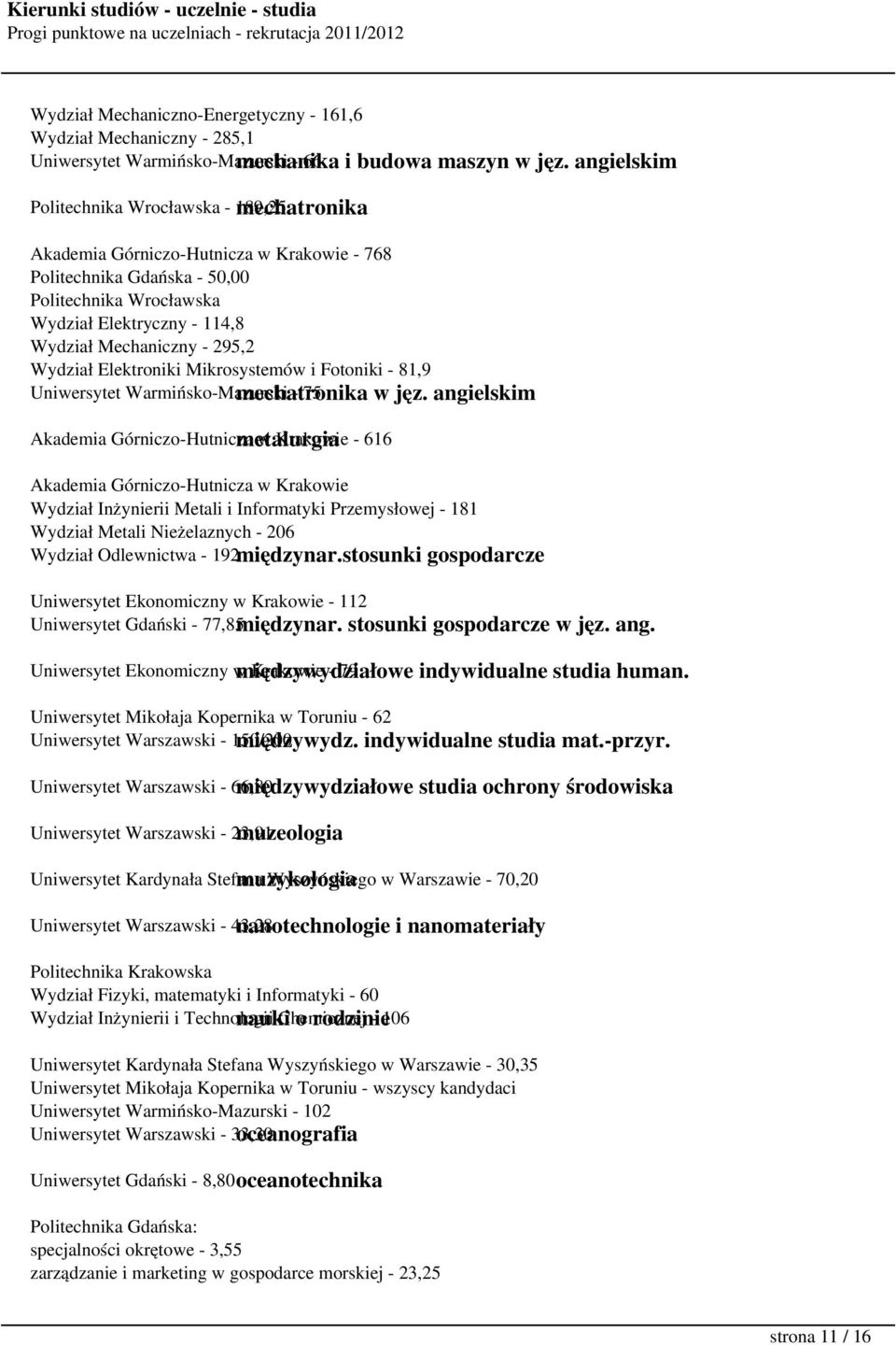 Mechaniczny - 295,2 Wydział Elektroniki Mikrosystemów i Fotoniki - 81,9 Uniwersytet Warmińsko-Mazurski mechatronika - 75 w jęz.