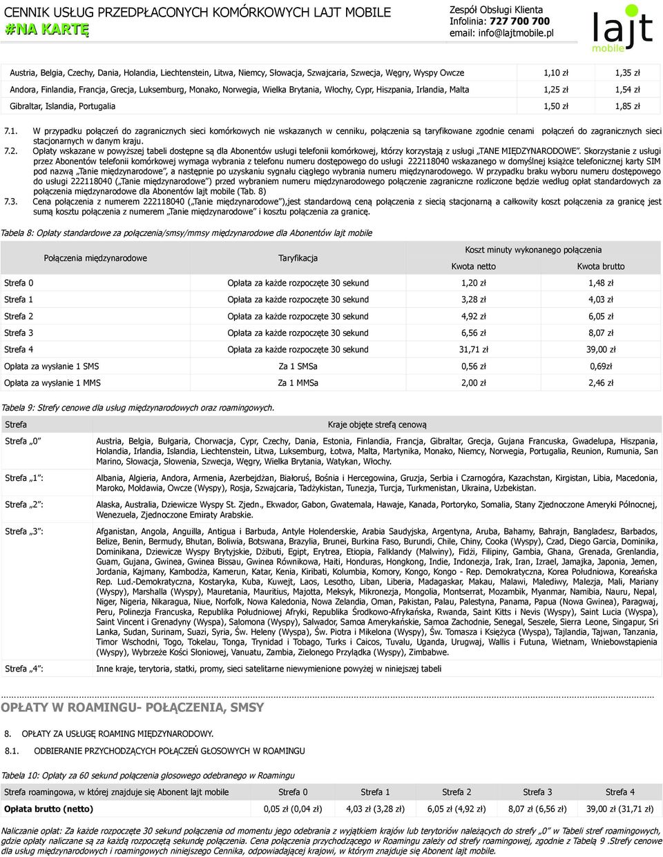 25 zł 1,54 zł Gibraltar, Islandia, Portugalia 1,50 zł 1,85 zł 7.1. W przypadku połączeń do zagranicznych sieci komórkowych nie wskazanych w cenniku, połączenia są taryfikowane zgodnie cenami połączeń do zagranicznych sieci stacjonarnych w danym kraju.