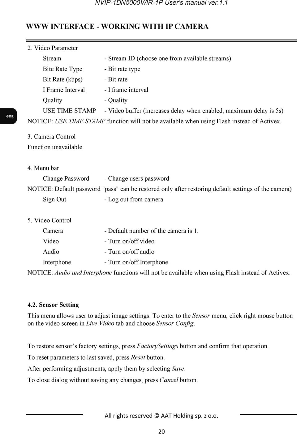 Video buffer (increases delay when enabled, maximum delay is 5s) NOTICE: USE TIME STAMP function will not be available when using Flash instead of Activex. 3. Camera Control Function unavailable. 4.