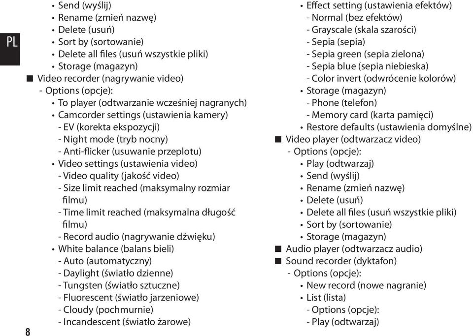 limit reached (maksymalny rozmiar filmu) - Time limit reached (maksymalna długość filmu) - Record audio (nagrywanie dźwięku) White balance (balans bieli) - Auto (automatyczny) - Daylight (światło