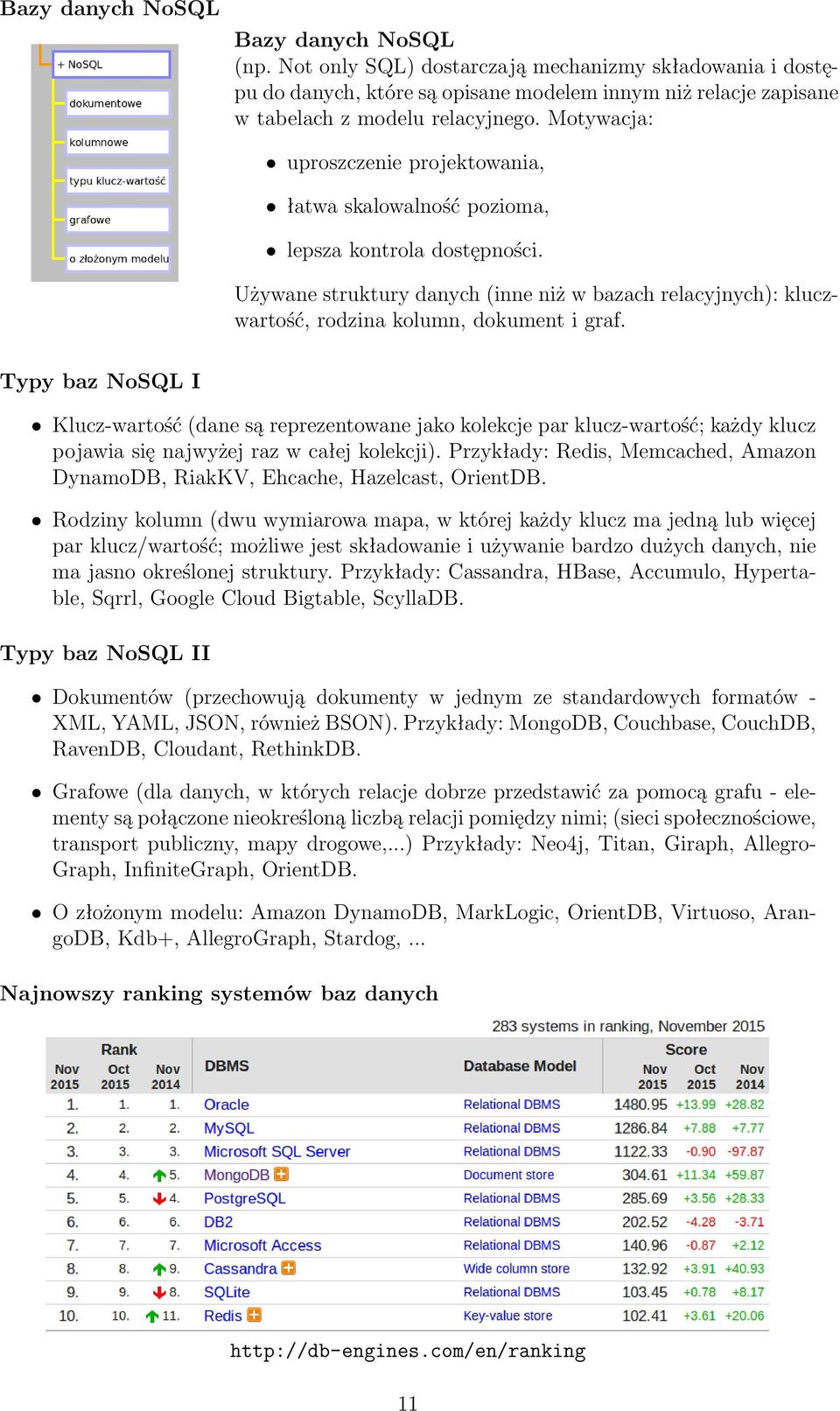 Typy baz NoSQL I Klucz-wartość (dane są reprezentowane jako kolekcje par klucz-wartość; każdy klucz pojawia się najwyżej raz w całej kolekcji).