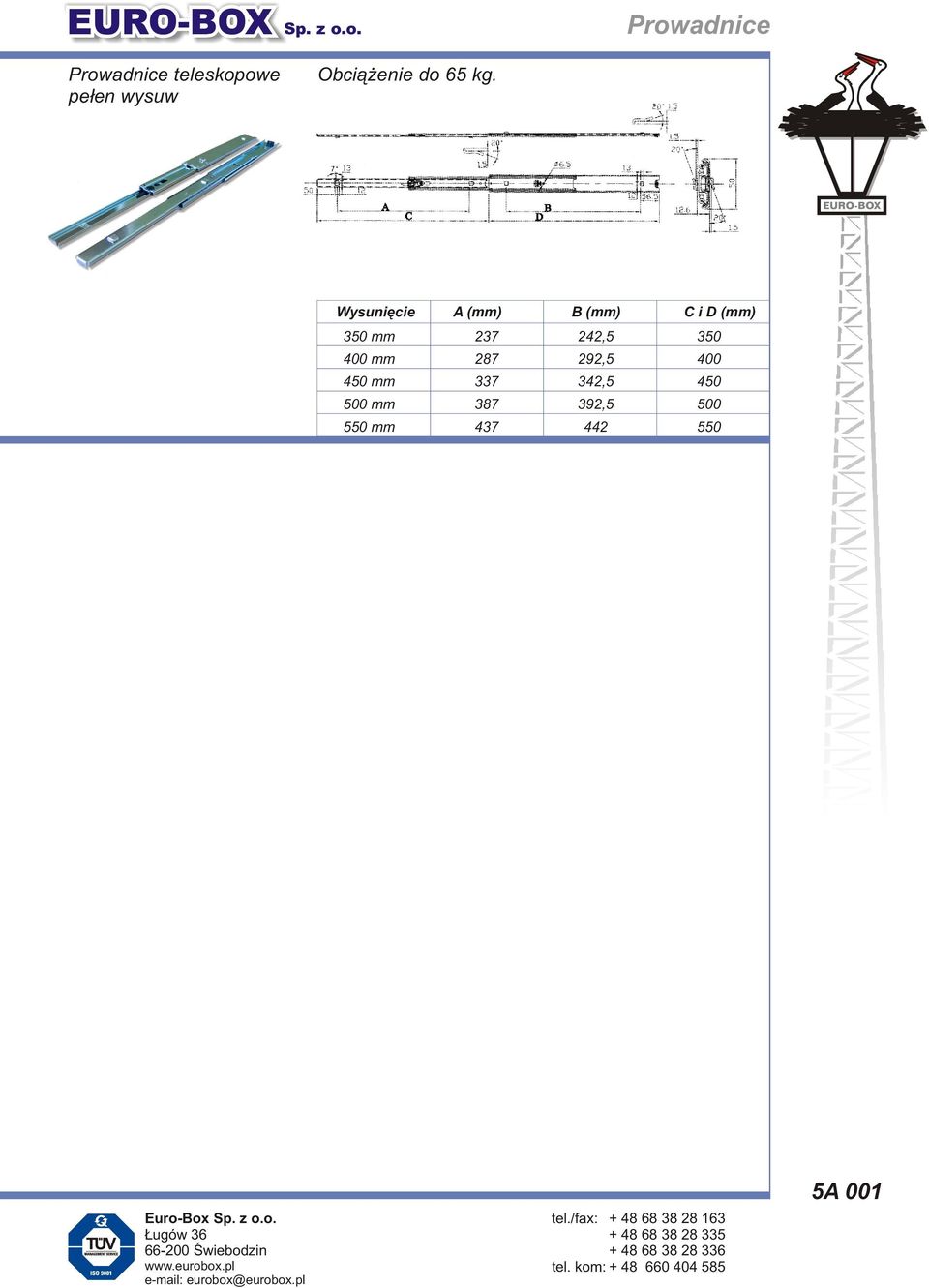 Wysunięcie 350 mm A (mm) 237 B (mm) 242,5 400 mm 287