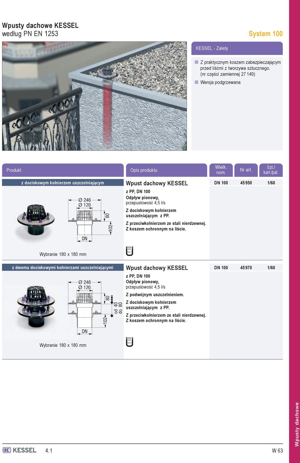 z dociskowym kołnierzem uszczelniającym Wpust dachowy KESSEL z PP, 100 Odpływ pionowy, przepustowość 4,5 l/s Z dociskowym kołnierzem uszczelniającym z PP. Z przeciwkołnierzem ze stali nierdzewnej.