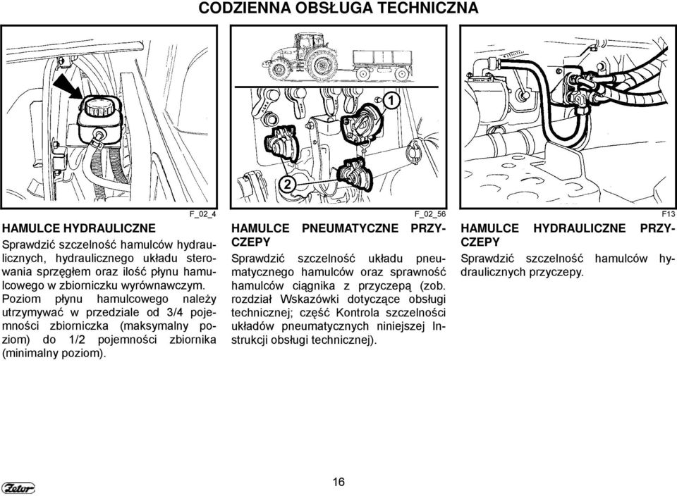 F_02_4 F_02_56 F13 HAMULCE PNEUMATYCZNE PRZY- CZEPY Sprawdzić szczelność układu pneumatycznego hamulców oraz sprawność hamulców ciągnika z przyczepą (zob.