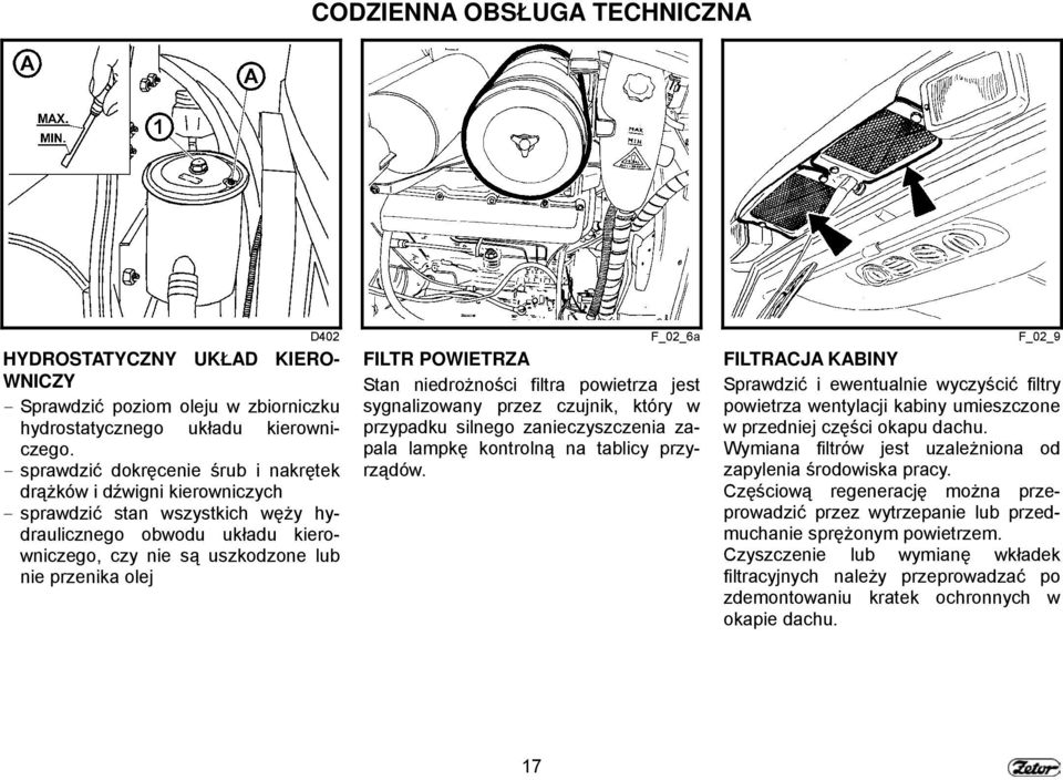 F_02_6a F_02_9 FILTR POWIETRZA Stan niedrożności filtra powietrza jest sygnalizowany przez czujnik, który w przypadku silnego zanieczyszczenia zapala lampkę kontrolną na tablicy przyrządów.