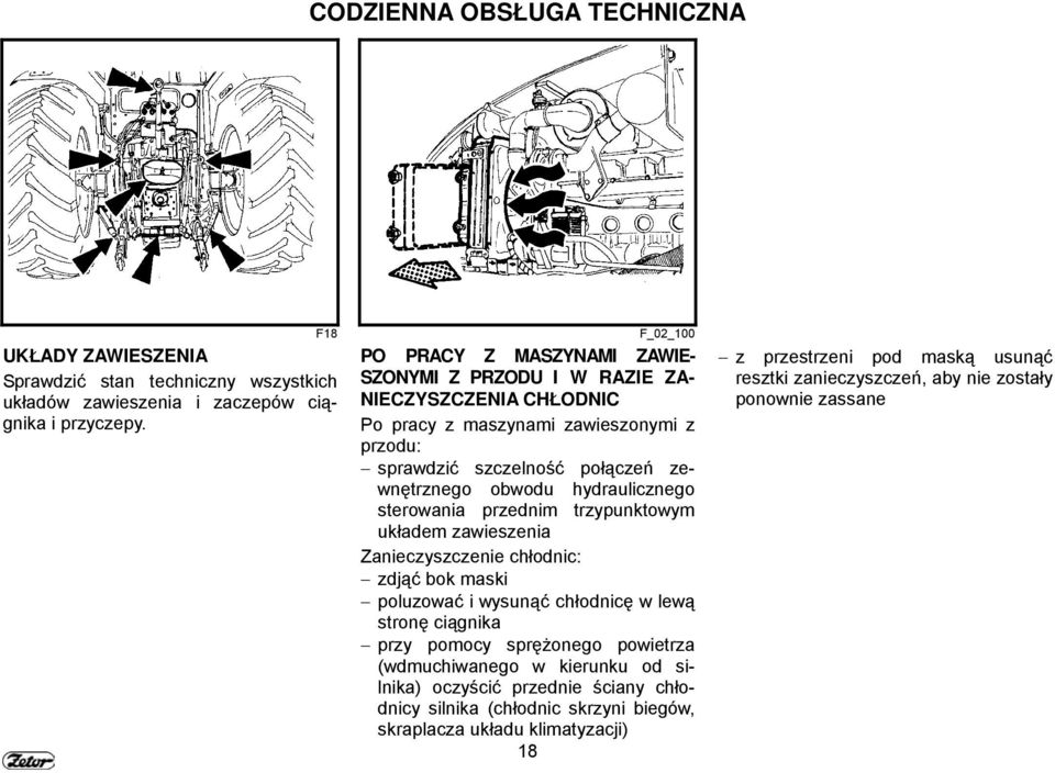 hydraulicznego sterowania przednim trzypunktowym układem zawieszenia Zanieczyszczenie chłodnic: zdjąć bok maski poluzować i wysunąć chłodnicę w lewą stronę ciągnika przy pomocy sprężonego