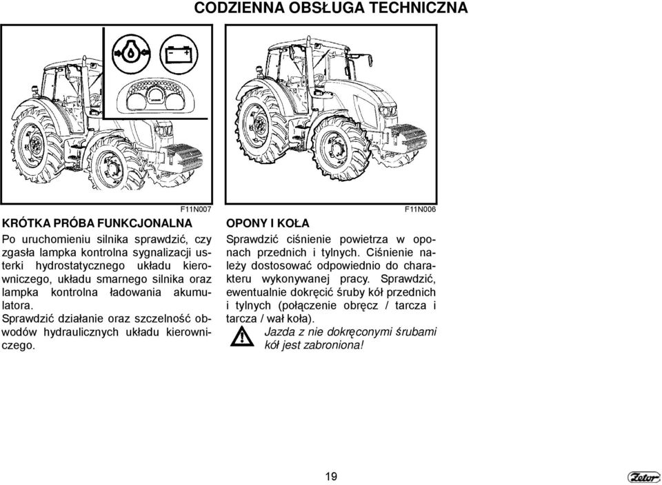 Sprawdzić działanie oraz szczelność obwodów hydraulicznych układu kierowniczego. F11N006 OPONY I KOŁA Sprawdzić ciśnienie powietrza w oponach przednich i tylnych.