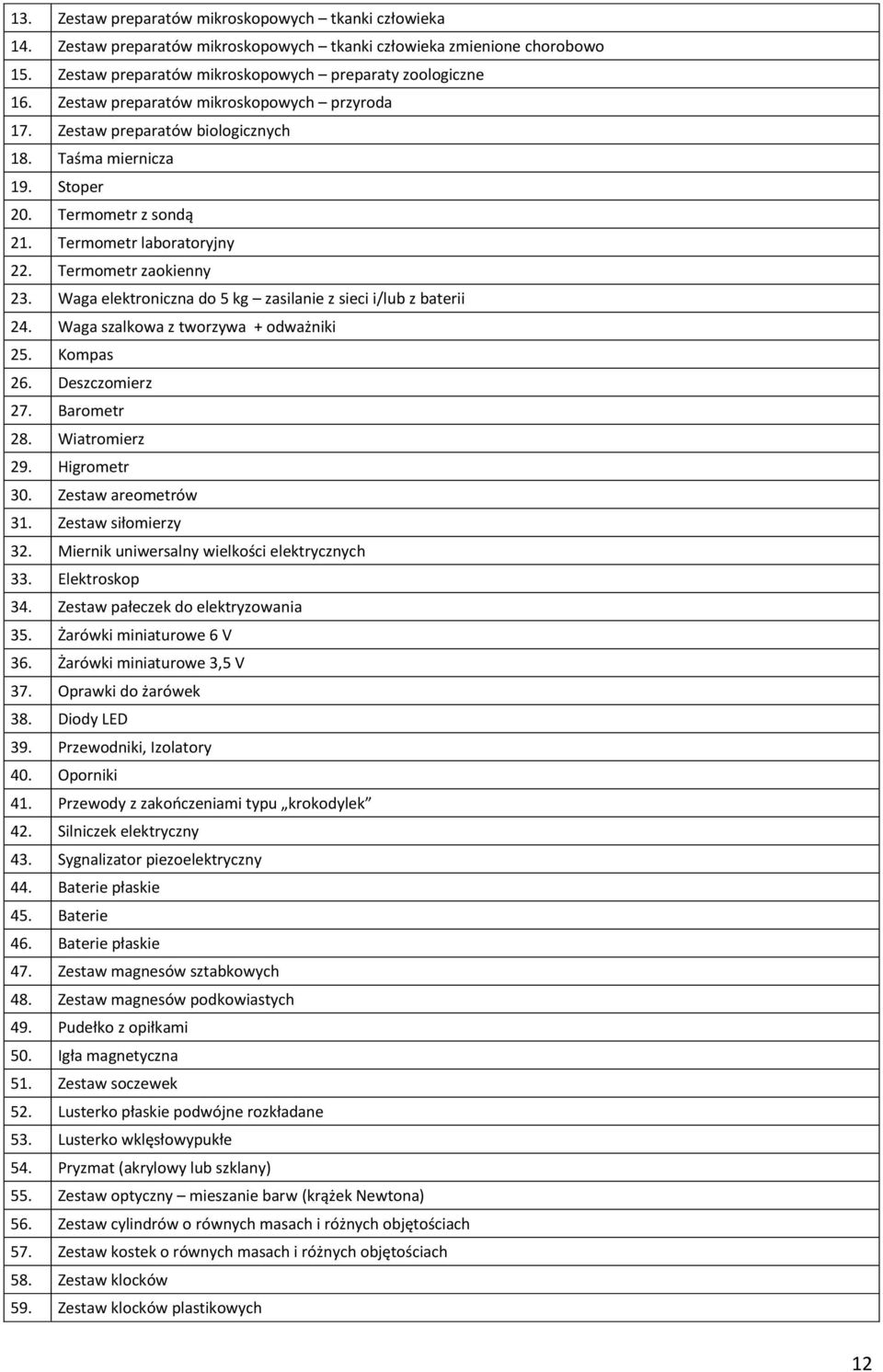 Waga elektroniczna do 5 kg zasilanie z sieci i/lub z baterii 24. Waga szalkowa z tworzywa + odważniki 25. Kompas 26. Deszczomierz 27. Barometr 28. Wiatromierz 29. Higrometr 30. Zestaw areometrów 31.