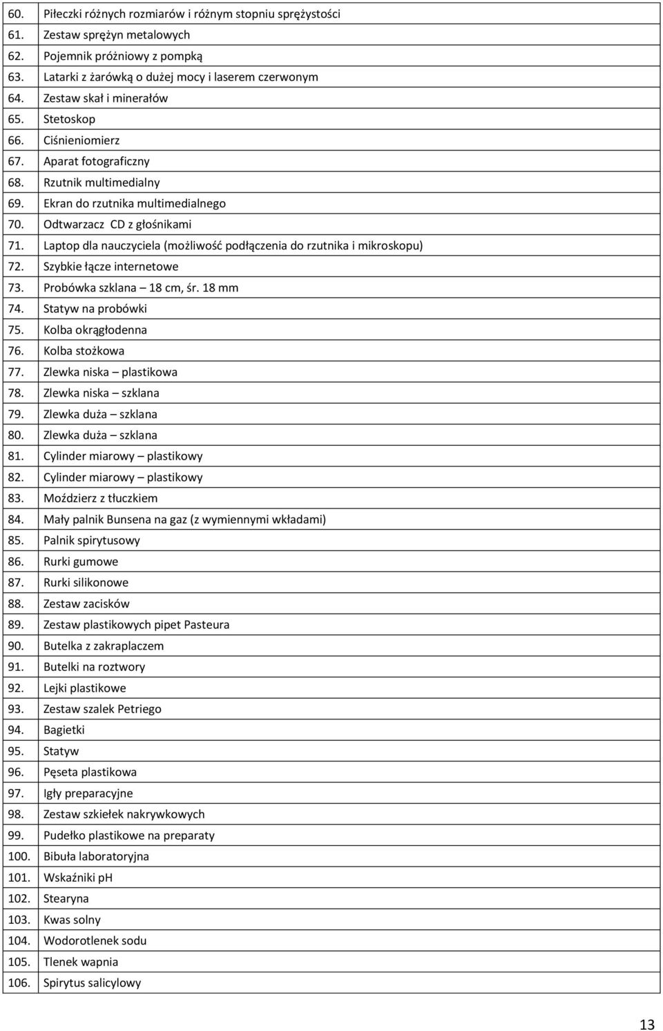 Laptop dla nauczyciela (możliwość podłączenia do rzutnika i mikroskopu) 72. Szybkie łącze internetowe 73. Probówka szklana 18 cm, śr. 18 mm 74. Statyw na probówki 75. Kolba okrągłodenna 76.