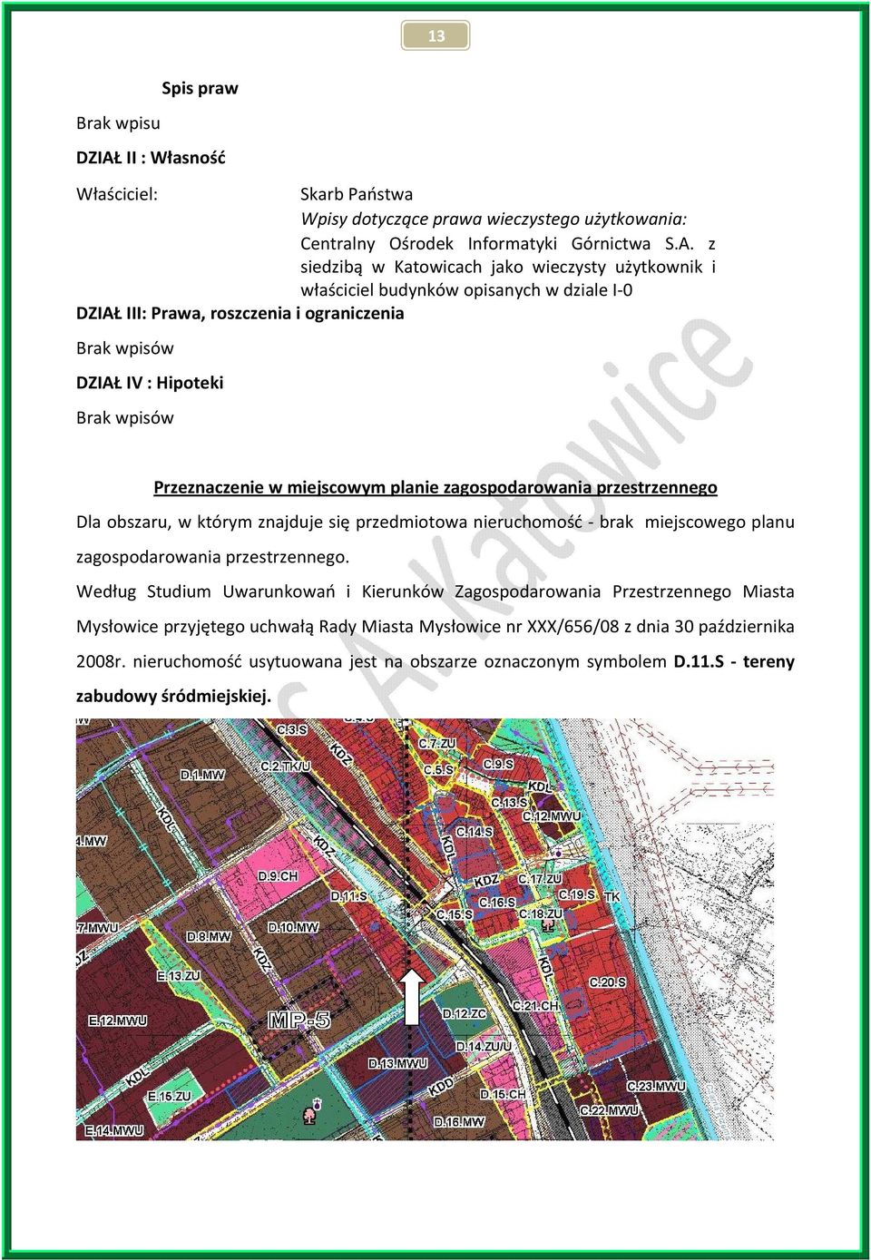 z siedzibą w Katowicach jako wieczysty użytkownik i właściciel budynków opisanych w dziale I 0 DZIAŁ III: Prawa, roszczenia i ograniczenia Brak wpisów DZIAŁ IV : Hipoteki Brak wpisów Przeznaczenie w