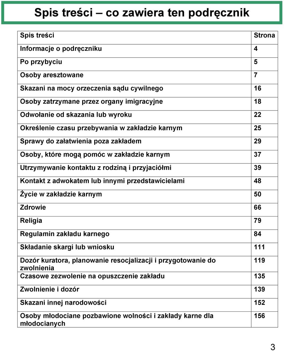 kontaktu z rodziną i przyjaciółmi 39 Kontakt z adwokatem lub innymi przedstawicielami 48 Życie w zakładzie karnym 50 Zdrowie 66 Religia 79 Regulamin zakładu karnego 84 Składanie skargi lub wniosku