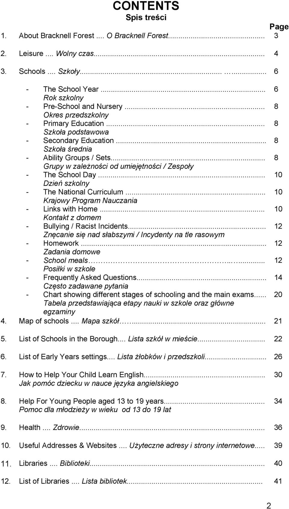 .. 10 Dzień szkolny - The National Curriculum... 10 Krajowy Program Nauczania - Links with Home... 10 Kontakt z domem - Bullying / Racist Incidents.