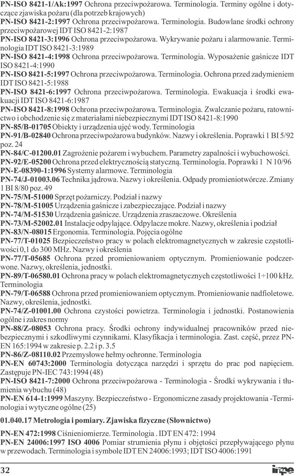 Terminologia. Ochrona przed zadymieniem IDT ISO 8421-5:1988 PN-ISO 8421-6:1997 Ochrona przeciwpożarowa. Terminologia.