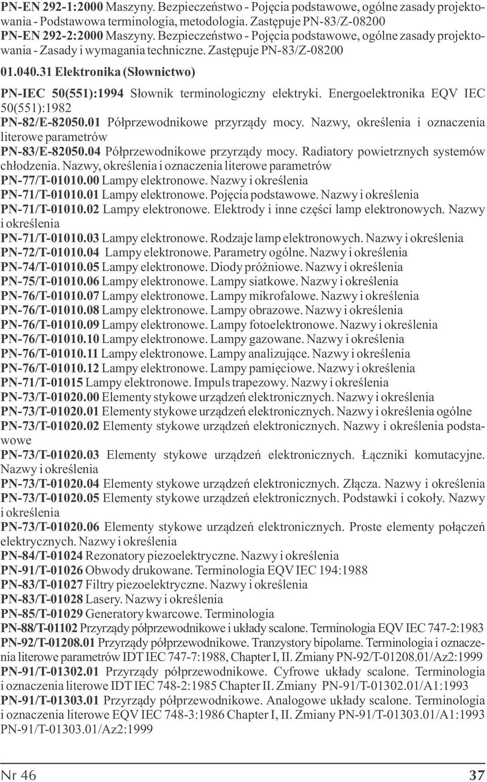 31 Elektronika (Słownictwo) PN-IEC 50(551):1994 Słownik terminologiczny elektryki. Energoelektronika EQV IEC 50(551):1982 PN-82/E-82050.01 Półprzewodnikowe przyrządy mocy.