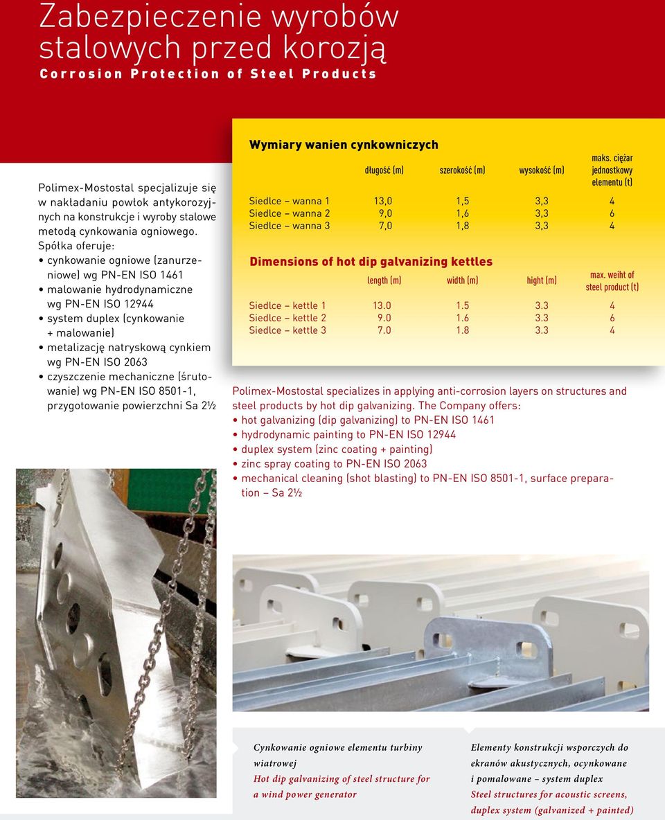 Spółka oferuje: cynkowanie ogniowe (zanurzeniowe) wg PN-EN ISO 1461 malowanie hydrodynamiczne wg PN-EN ISO 12944 system duplex (cynkowanie + malowanie) metalizację natryskową cynkiem wg PN-EN ISO