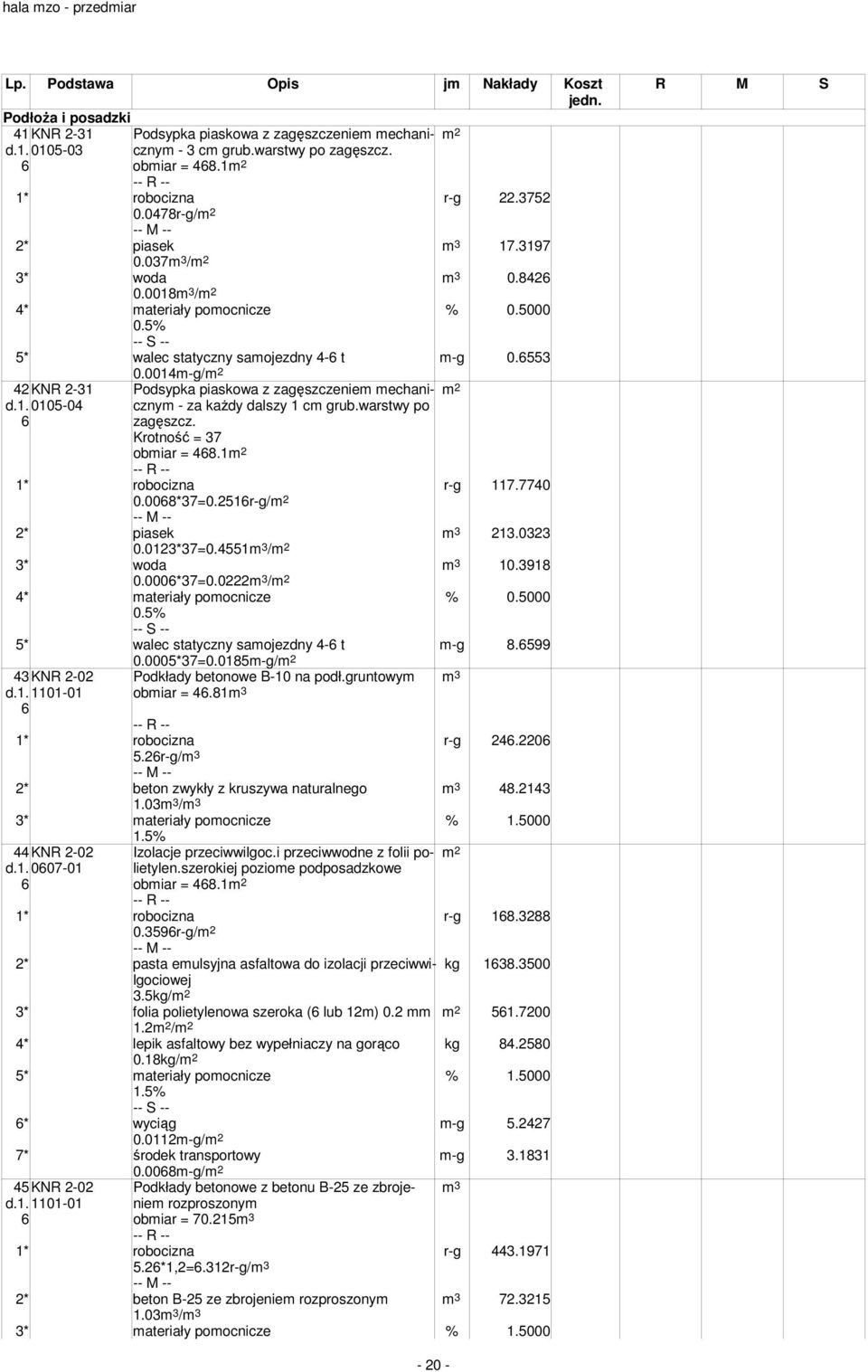 warstwy po 6 zagęszcz. Krotność = 37 obmiar = 468.1 1* robocizna r-g 117.7740 0.0068*37=0.2516r-g/ 2* piasek 213.0323 0.0123*37=0.4551 / 3* woda 10.3918 0.0006*37=0.0222 / 4* materiały pomocnicze % 0.