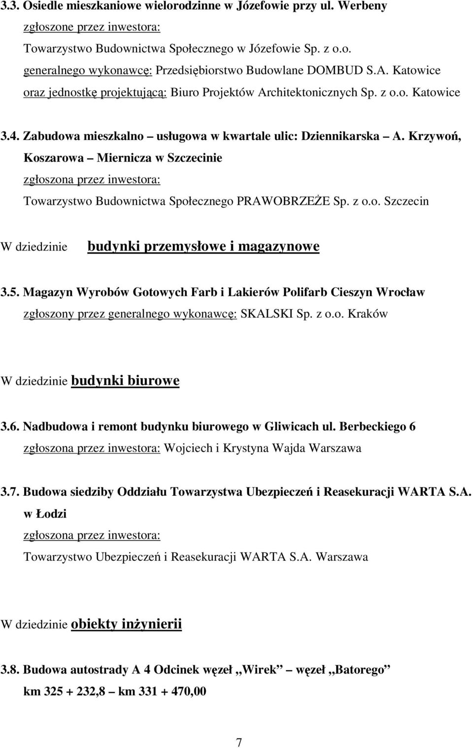 Krzywo, Koszarowa Miernicza w Szczecinie zgłoszona przez inwestora: Towarzystwo Budownictwa Społecznego PRAWOBRZEE Sp. z o.o. Szczecin W dziedzinie budynki przemysłowe i magazynowe 3.5.