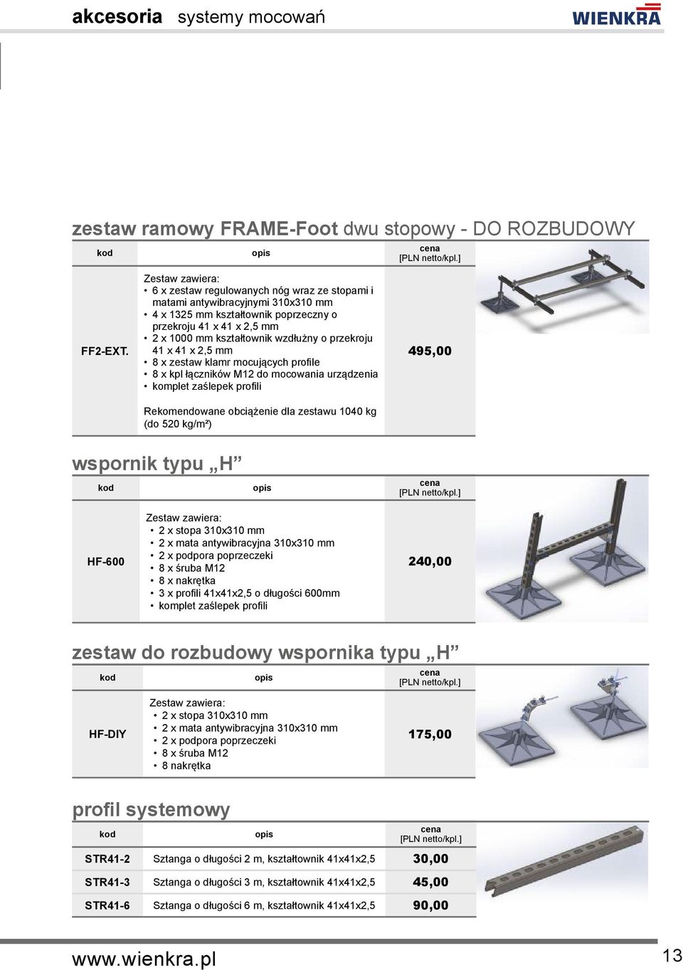 przekroju 41 x 41 x 2,5 mm 8 x zestaw klamr mocujących profile 8 x kpl łączników M12 do mocowania urządzenia komplet zaślepek profili Rekomendowane obciążenie dla zestawu 1040 kg (do 520 kg/m²)