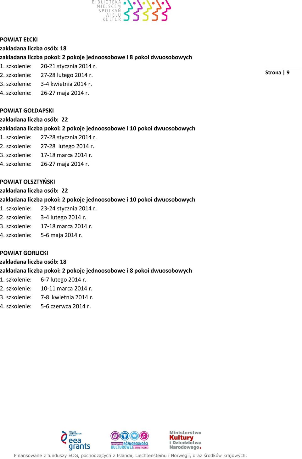 szkolenie: 27-28 stycznia 2014 r. 2. szkolenie: 27-28 lutego 2014 r. 3. szkolenie: 17-18 marca 2014 r. 4. szkolenie: 26-27 maja 2014 r.