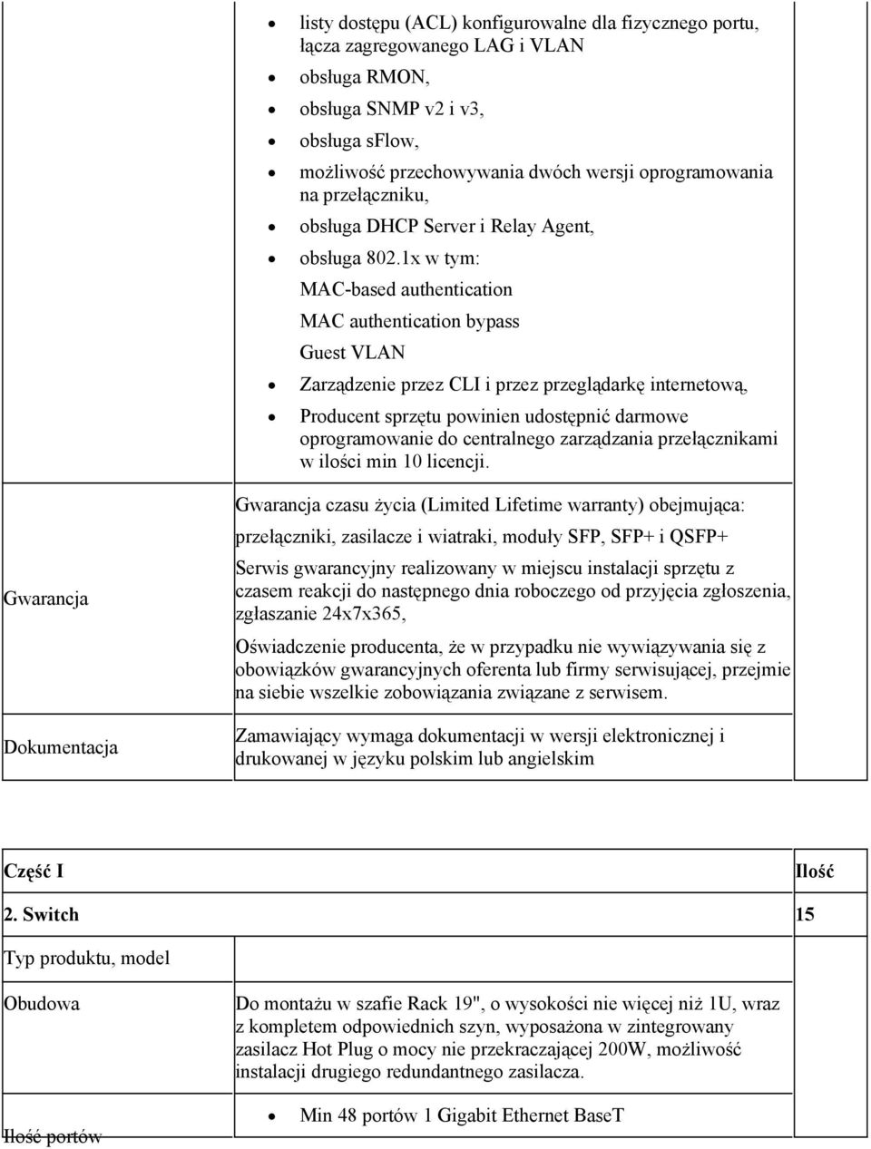 1x w tym: MAC-based authentication MAC authentication bypass Guest VLAN Zarządzenie przez CLI i przez przeglądarkę internetową, Producent sprzętu powinien udostępnić darmowe oprogramowanie do