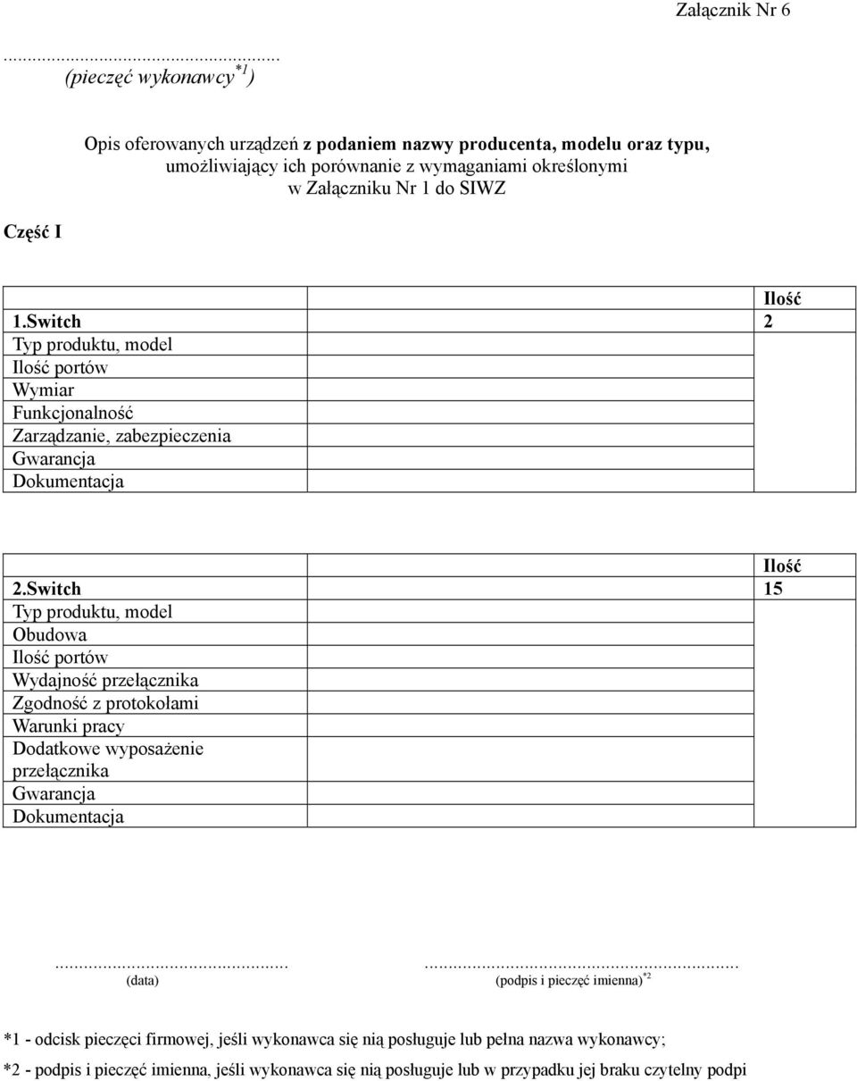 SIWZ Ilość 1.Switch 2 Typ produktu, model Ilość portów Wymiar Funkcjonalność Zarządzanie, zabezpieczenia Gwarancja Dokumentacja Ilość 2.