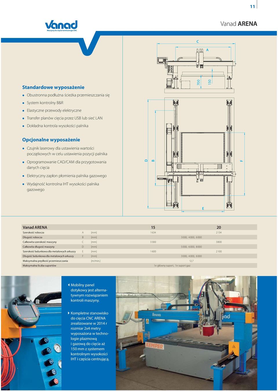 CAD/CAM dla przygotowania danych cięcia D B F Elektryczny zapłon płomienia palnika gazowego Wydajność kontrolna IHT wysokości palnika gazowego E Vanad ARENA 15 20 Szerokość robocza A [mm] 1634 2134