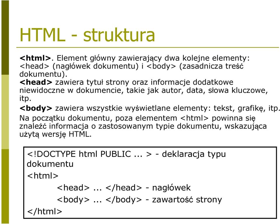 <body> zawiera wszystkie wyświetlane elementy: tekst, grafikę, itp.