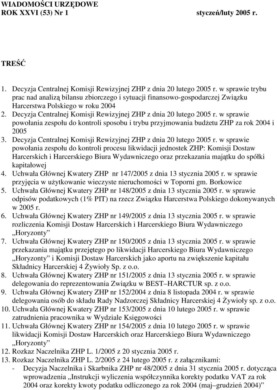 w sprawie powołania zespołu do kontroli sposobu i trybu przyjmowania budŝetu ZHP za rok 2004 i 2005 3. Decyzja Centralnej Komisji Rewizyjnej ZHP z dnia 20 lutego 2005 r.