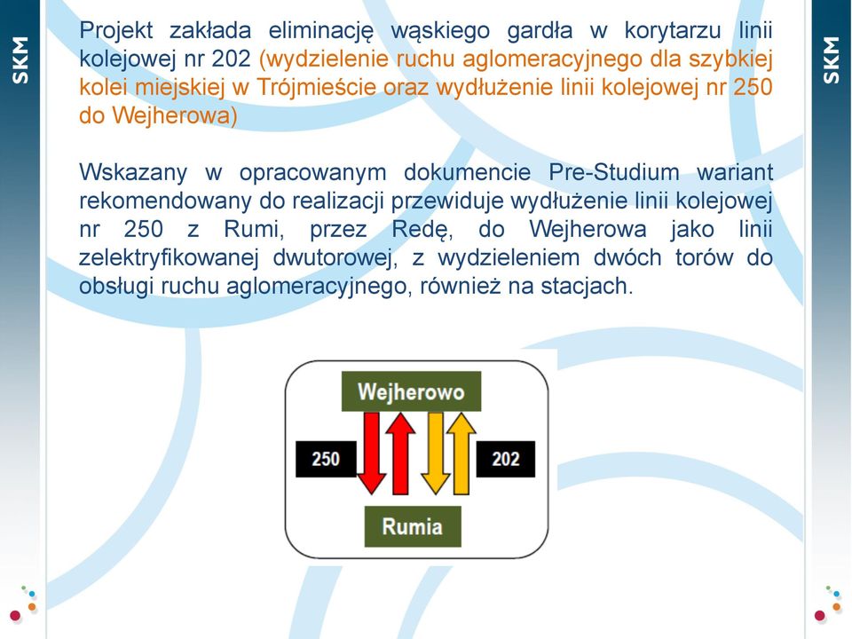 dokumencie Pre-Studium wariant rekomendowany do realizacji przewiduje wydłużenie linii kolejowej nr 250 z Rumi, przez
