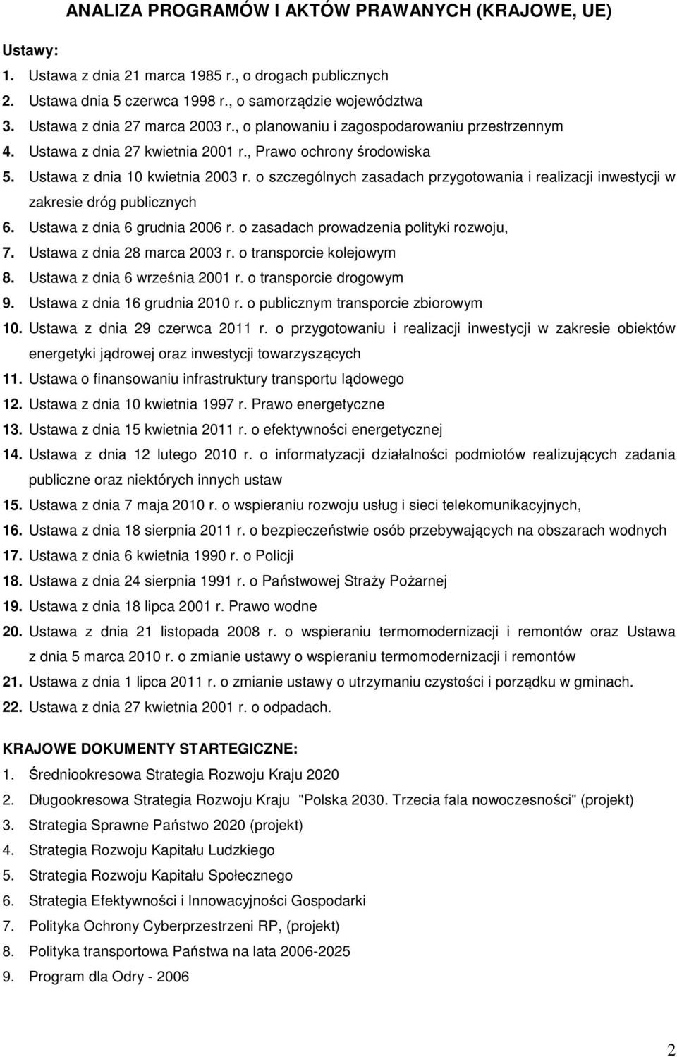 o szczególnych zasadach przygotowania i realizacji inwestycji w zakresie dróg publicznych 6. Ustawa z dnia 6 grudnia 2006 r. o zasadach prowadzenia polityki rozwoju, 7. Ustawa z dnia 28 marca 2003 r.