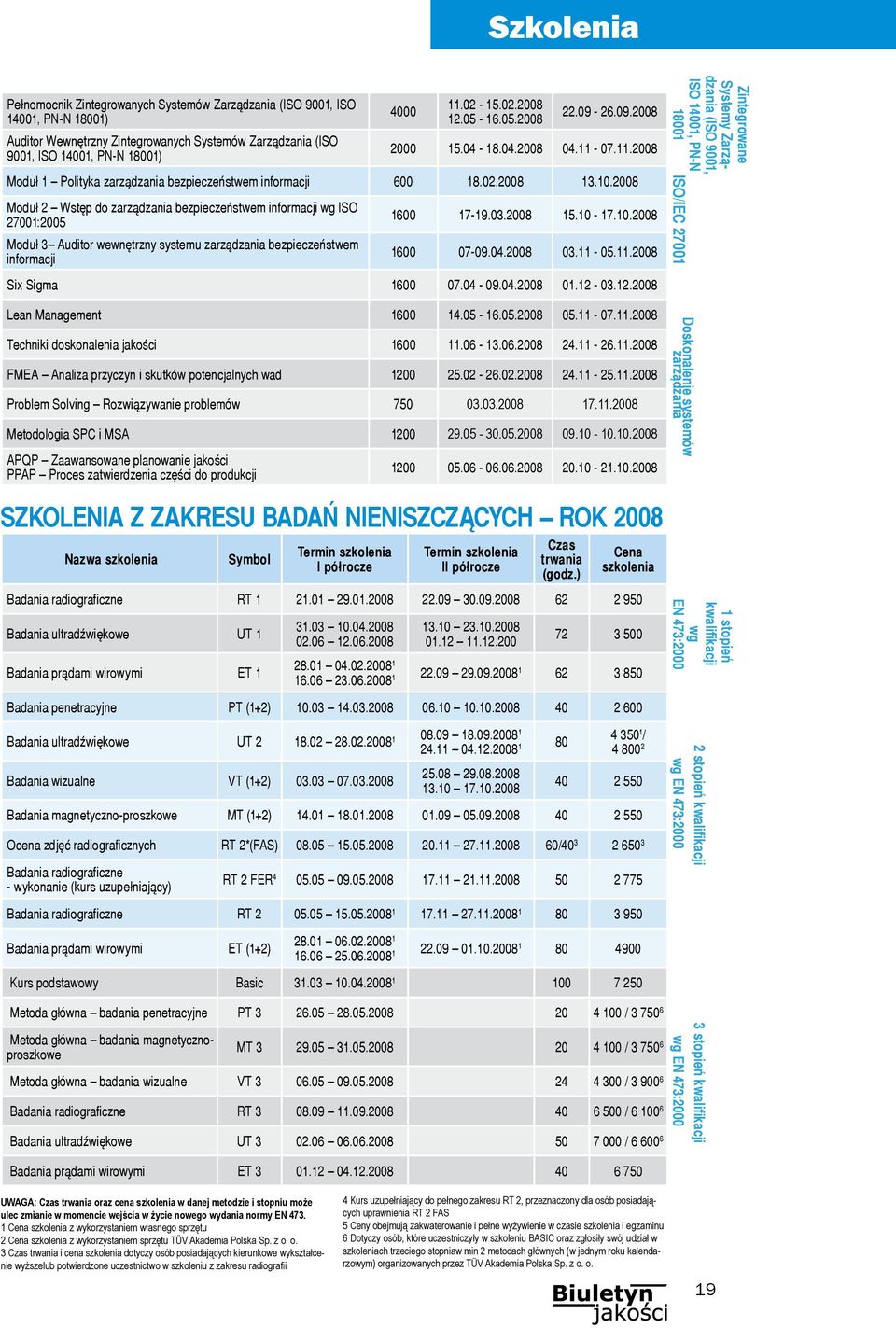 2008 Moduł 2 Wstęp do zarządzania bezpieczeństwem informacji wg ISO 27001:2005 Moduł 3 Auditor wewnętrzny systemu zarządzania bezpieczeństwem informacji 1600 17-19.03.2008 15.10-17.10.2008 1600 07-09.