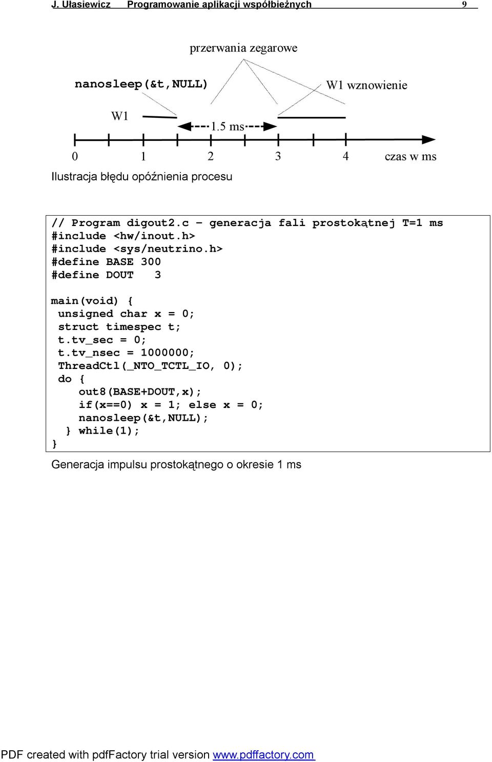 h> #include <sys/neutrino.h> #define BASE 300 #define DOUT 3 main(void) { unsigned char x = 0; struct timespec t; t.tv_sec = 0; t.