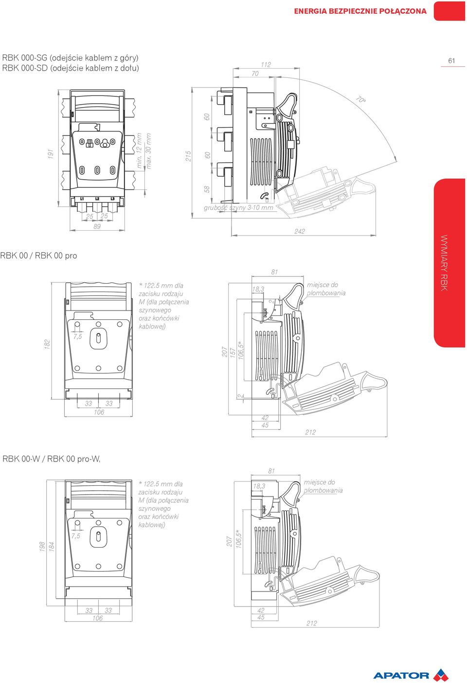 5 mm dla zacisku rodzaju M (dla połączenia szynowego oraz końcówki kablowej) 207 157 106,5* 18,3 81 2 miejsce do plombowania WYMIARY RBK 33