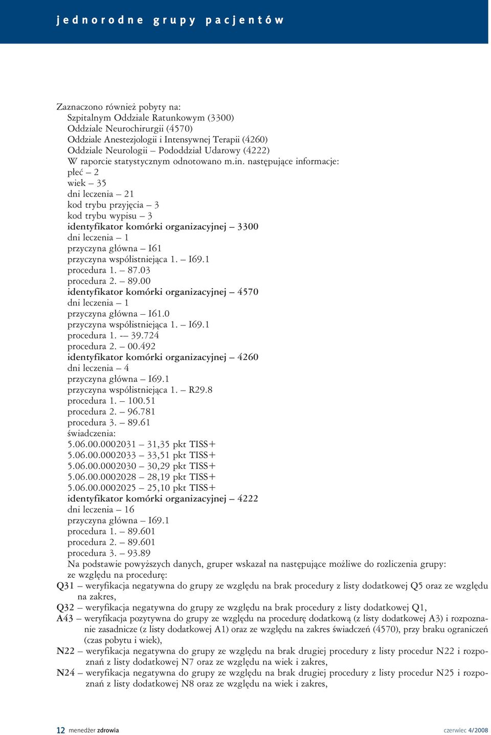 następujące informacje: płeć 2 wiek 35 dni leczenia 21 kod trybu przyjęcia 3 kod trybu wypisu 3 identyfikator komórki organizacyjnej 3300 dni leczenia 1 przyczyna główna I61 przyczyna współistniejąca